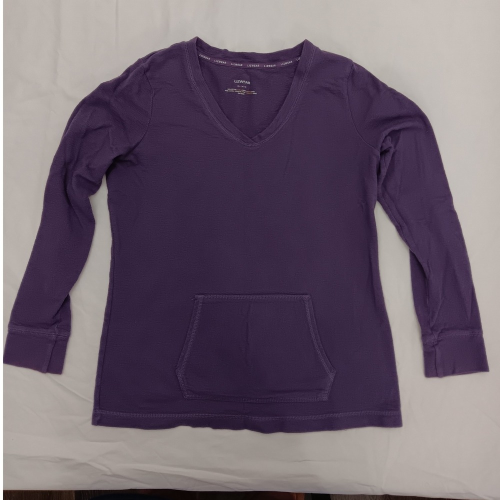 Lizwear Women's Purple V Neck Long Sleeve Pocket T Shirt Top Size S